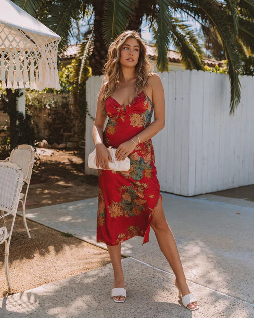 Kyoto Printed Satin Slip Dress - Red | VICI