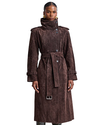 Women's Funnel-Neck Suede Oversized Trench Coat | Macy's