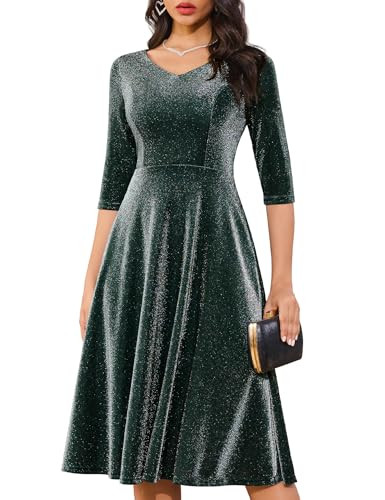 Dressystar Women's Elegant Long Sleeve Cocktail Party Sparkly Glitter Dresses for Wedding Guest Modest Church Midi Evening Dress Prom Gown DarkGreen S | Amazon (US)