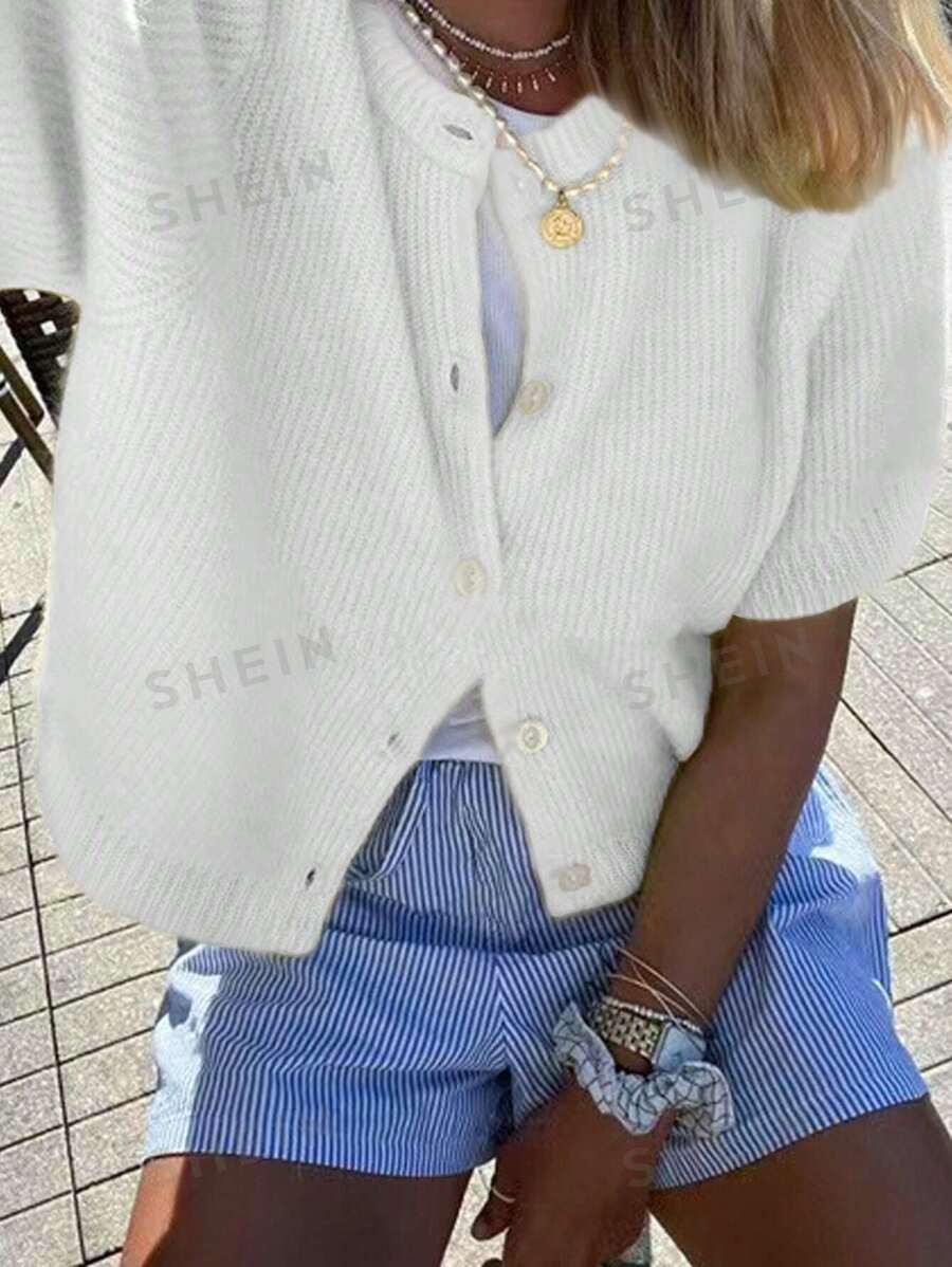 SHEIN EZwear Women's Solid Color Minimalist Casual Button-Up Short Sleeve Cardigan | SHEIN