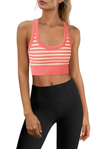 Yanekop Womens Yoga Sports Bra Longline Striped Workout Bras Supportive Scoop Neck Racerback Crop Athletic Tank Tops(Coral Beige,XS) | Amazon (US)