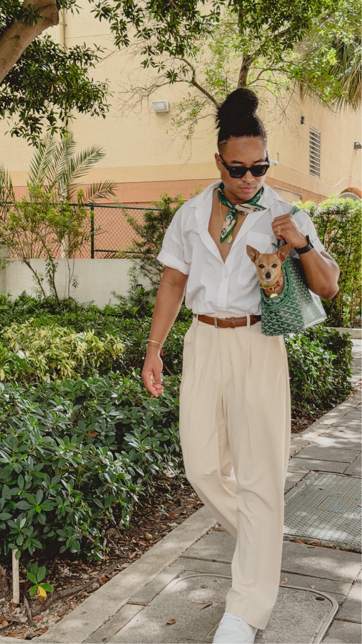 - wide-leg pleated trousers 
- short-sleeve white button-down shirt
- green ascot 
- green dog carrying bag 

#LTKMens #LTKStyleTip