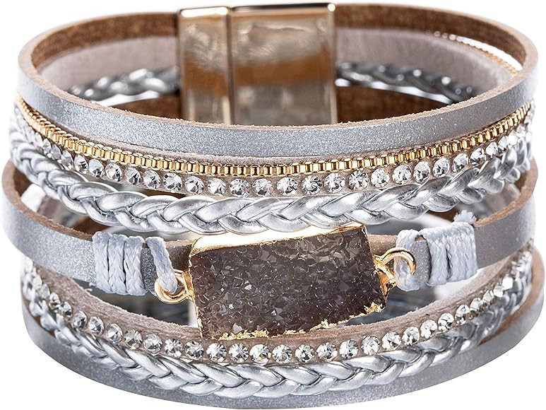 Artilady Leather Wrap Bracelet for Women - Handmade Clasp Bangle Bracelet with Pearl Druzy Crysta... | Amazon (US)