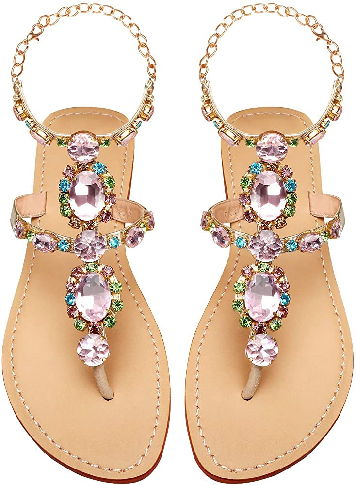 ZhuLinFeng Women'S Rhinestone Gladiator Sandals Flat Wedding Sandals Gem Pearl Sparkling Bridal B... | Amazon (US)