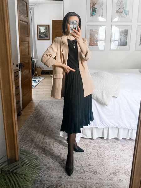 Church outfit. 
Wearing size small blazer, oversized fit, lined, order your usual size. 
Size XXS tee, linked similar Abercrombie tee. 
Size XS pleated skirt, lined, order your usual size. 
Petite outfit. Neutral outfit. Business outfit. Work outfit  

#LTKstyletip #LTKSeasonal #LTKworkwear