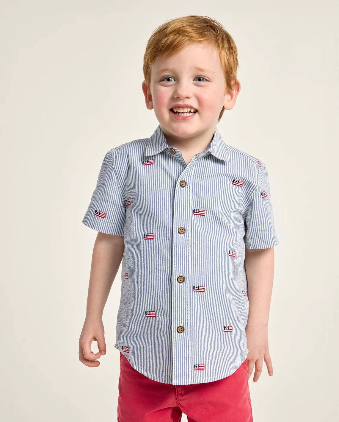 Boys Short Sleeve Embroidered Flag Seersucker Button Up Shirt - Nantucket Charm - BLUE | Gymboree | Gymboree