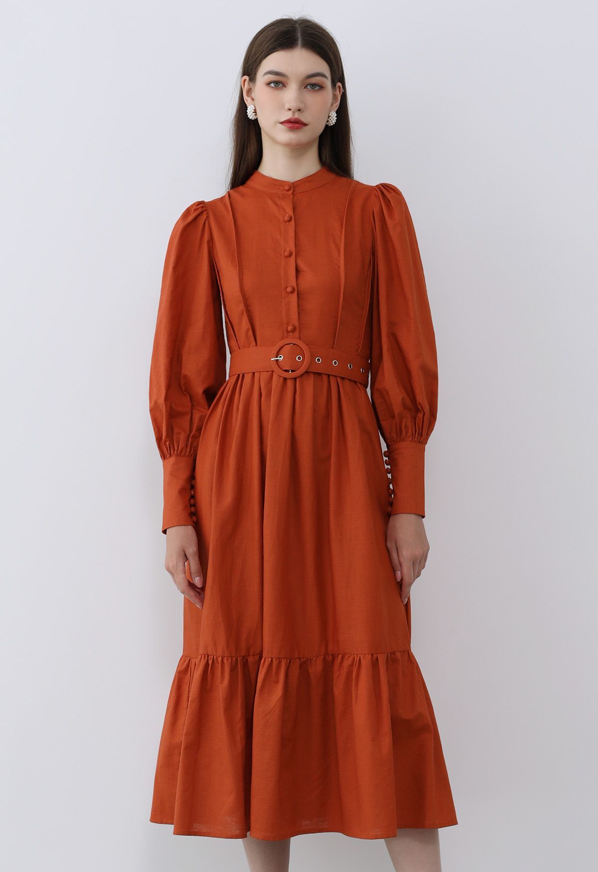 Lantern Sleeve Button Down Linen-Blend Midi Dress in Orange | Chicwish