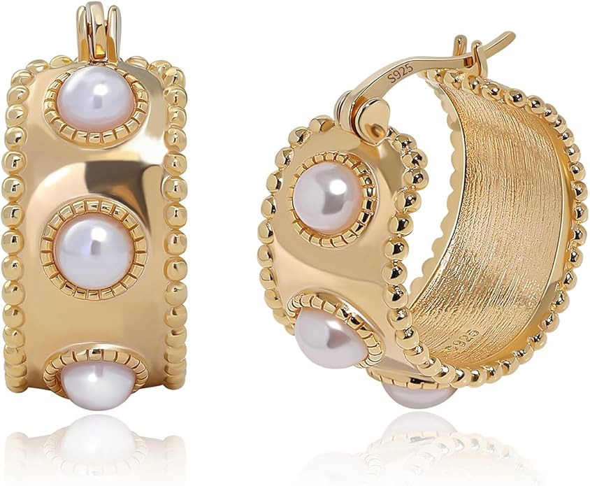 Gold Hoop Earrings for Women Chunky Pearl Huggie Earrings 925 Sterling Silver Wedding Hoops | Amazon (US)