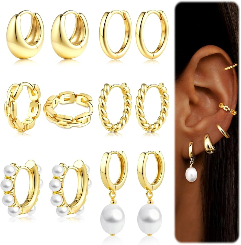 6 Pairs 14K Gold Plated Hoop Earrings for Women Trendy Chunky Hoop Earrings Stack Multipack Huggi... | Amazon (US)