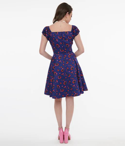 1950s Collectif Blue & Mixed Berries Print Dolores Mini Dress | UniqueVintage