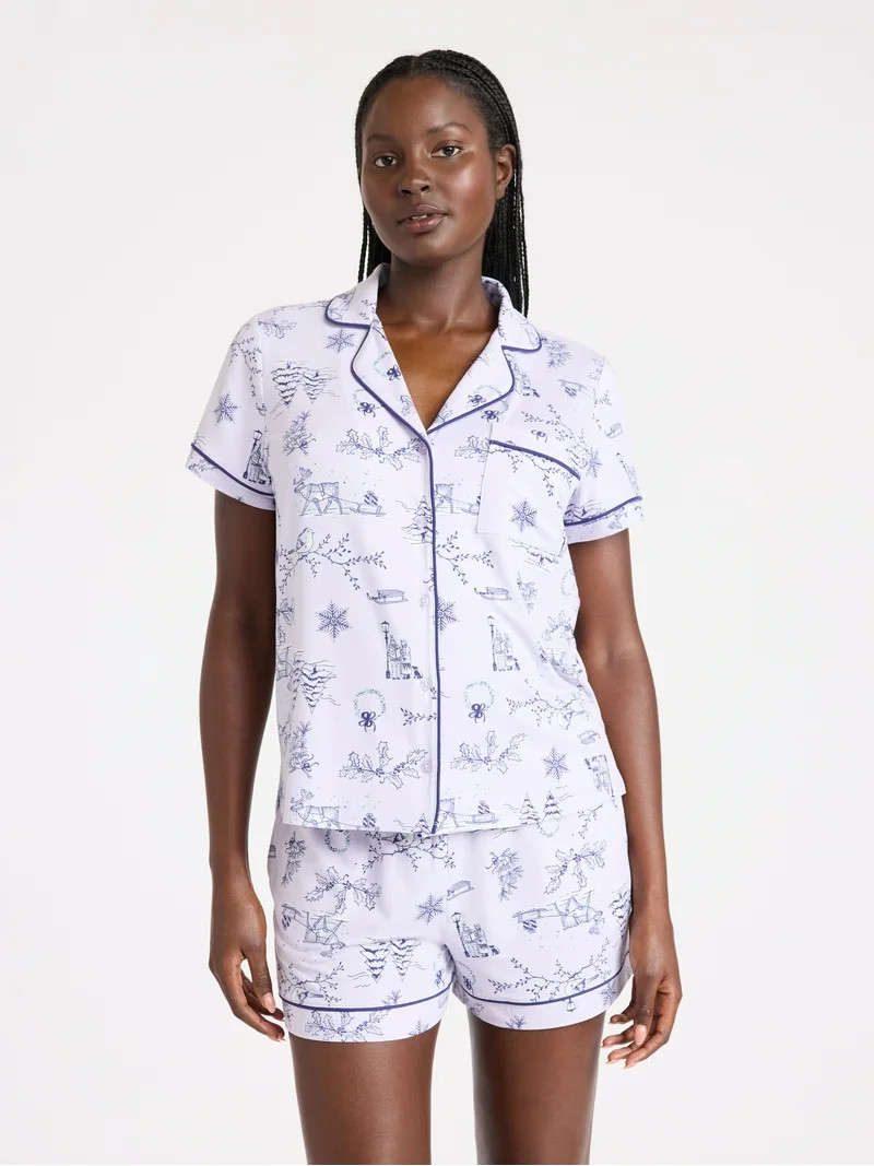 Joyspun Women’s Dreamy Soft Collection Notch Collar Knit Top and Boxer Shorts Pajama Set, Sizes... | Walmart (US)