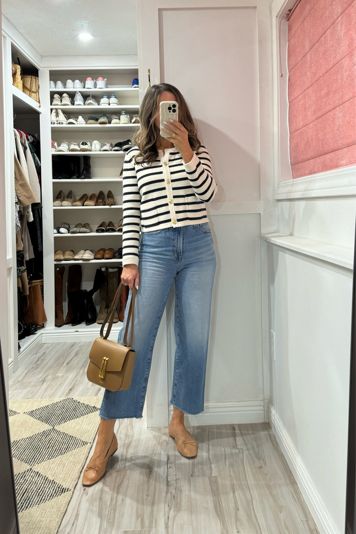 Wearing xs in the striped lady jacket. Truly a wardrobe must-have.  
Jeans tts for me. 
Nude flats tts for me  

#LTKStyleTip #LTKItBag #LTKBacktoSchool