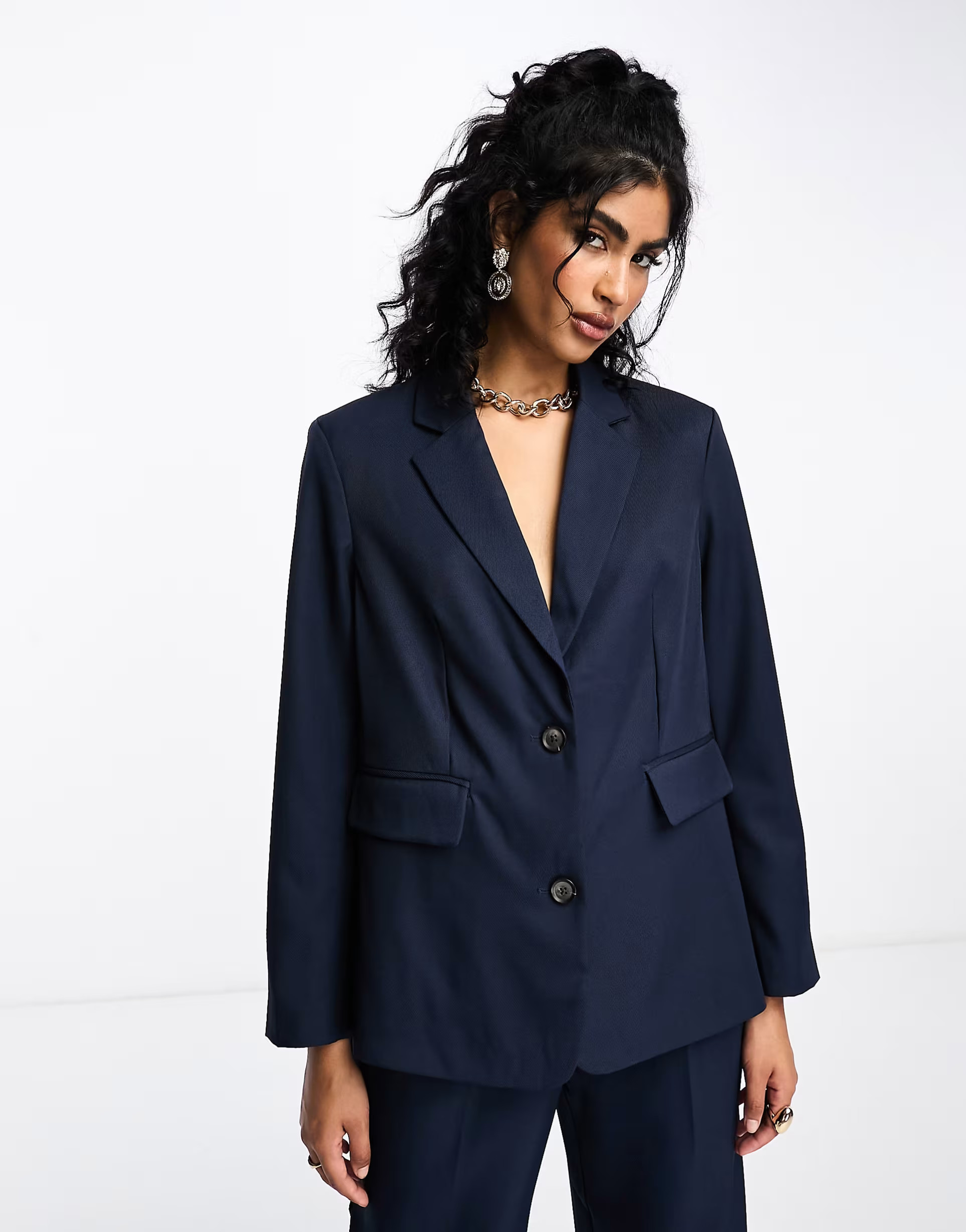 Vila - Elegante oversized blazer van keperstof in marineblauw, deel van co-ord set | ASOS (Global)