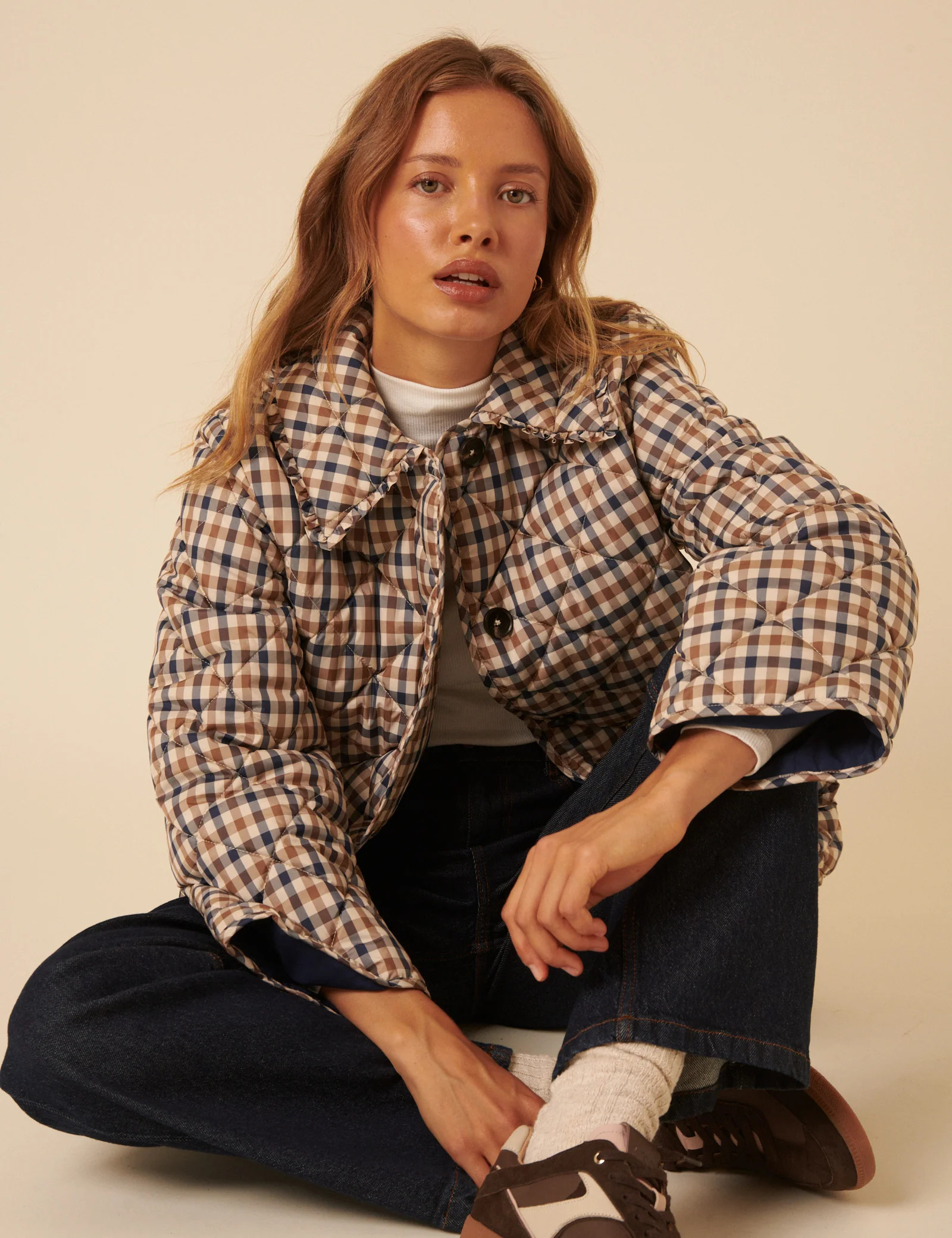 Beige Check Frill Quilted Jacket | Nobody's Child