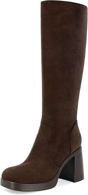 SOVANYOU Black Leather Boots Platform Boots for Women Square Toe Chunky Block Heeled Boots | Amazon (US)