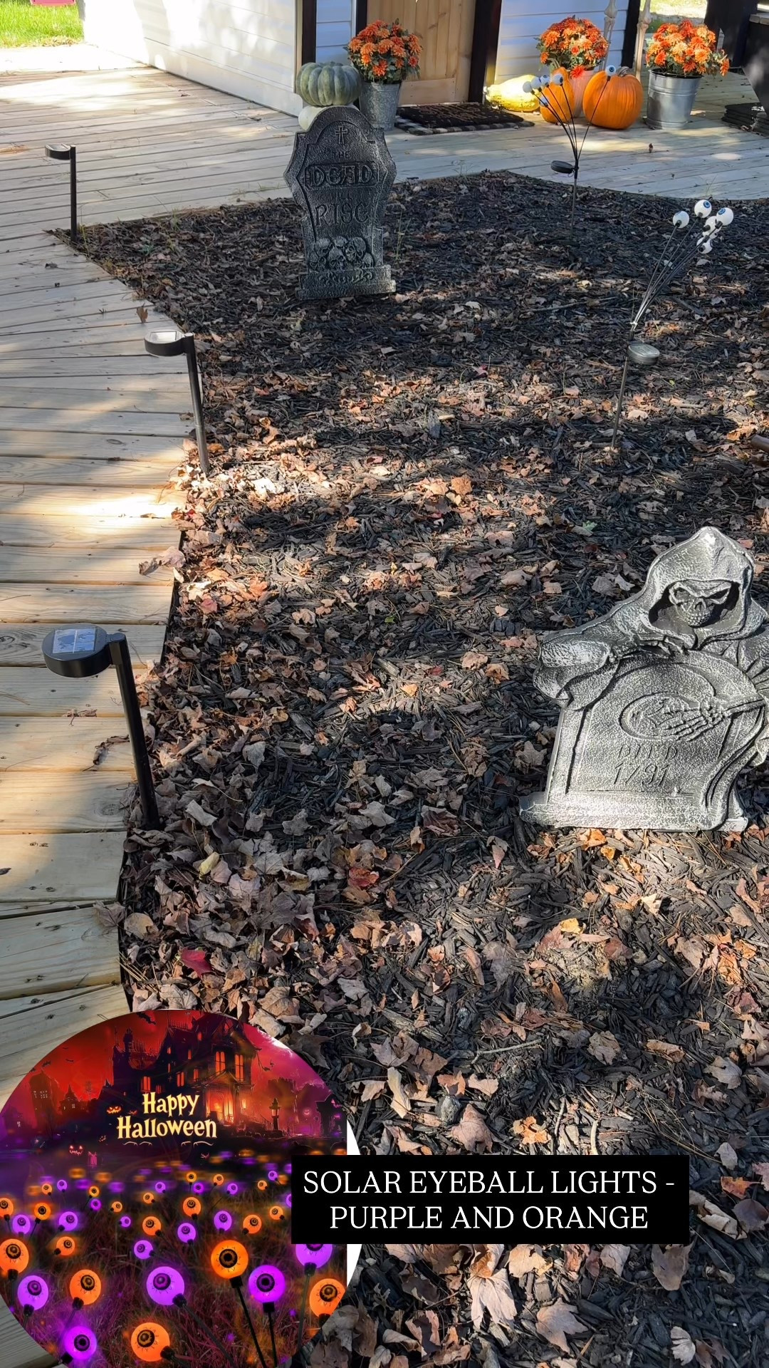 my parents added tombstones to the playhouse and these eyeball lights which we also have. they are solar and glow purple and orange 

#LTKHalloween #LTKHome #LTKSeasonal