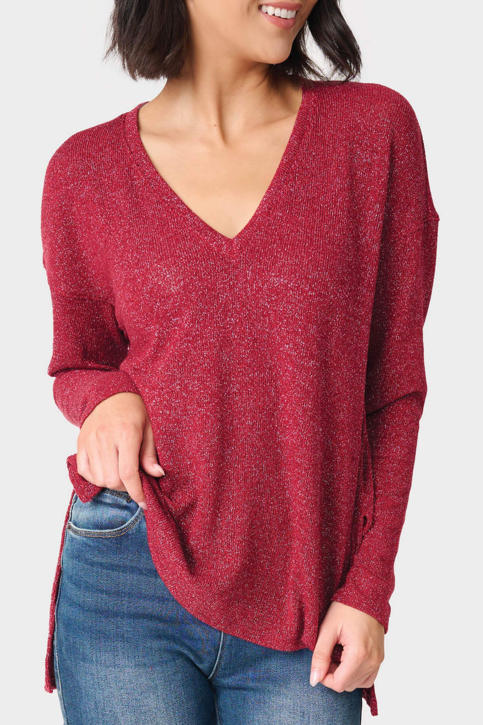 V-Neck Shimmer Tunic with High Low Hem | Gibson