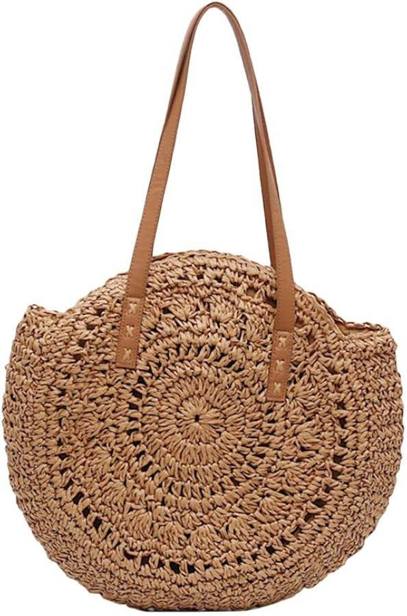 TENDYCOCO Round Straw Beach Bag - Handmade Woven Circle Rattan Shoulder Tote with Leather Straps,... | Amazon (US)