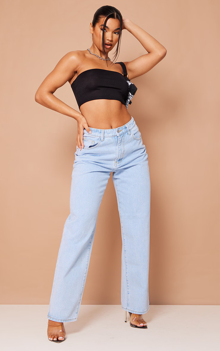 Light Blue Wash Dipped Back Waistband Boyfriend Jeans | PrettyLittleThing US