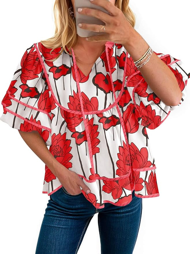 Cicy Bell Womens Summer Floral Babydoll Tops V Neck Short Lantern Sleeve Shirts Cute Loose Fit Fl... | Amazon (CA)