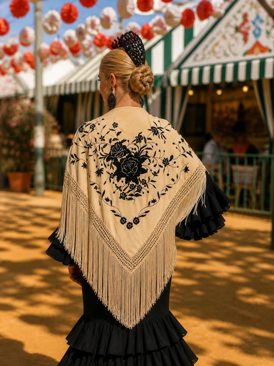 Beautiful Spanish Flamenco Shawl in a Toasted Vanilla Color. Floral Embroidery in Black. New - Et... | Etsy (Global)