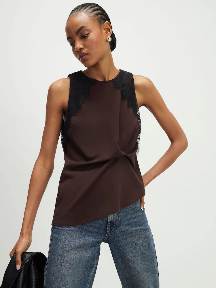 River Island Brown Sleeveless Lace Trim Twist Front Top | Next US