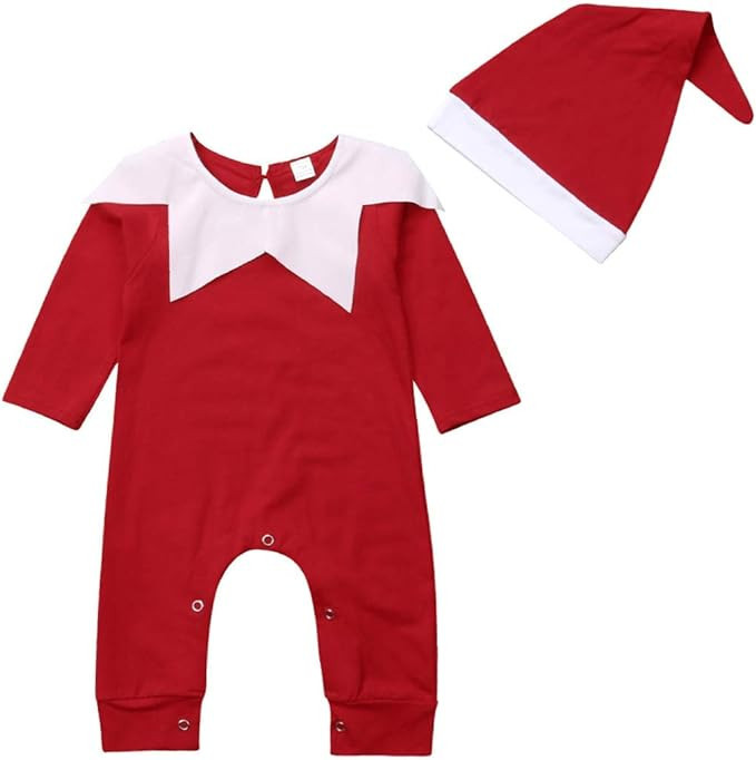 unniful Newborn Baby's Xmas Long Sleeve Romper+Hat Chrismas Santa Claus Dressed Set Onesies Jumps... | Amazon (US)