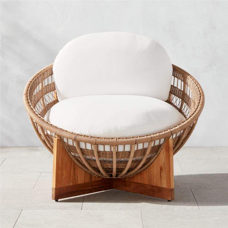 Masha Modern Rattan and Teak Outdoor Lounge Chair with White Sunbrella Cushions | CB2 | CB2