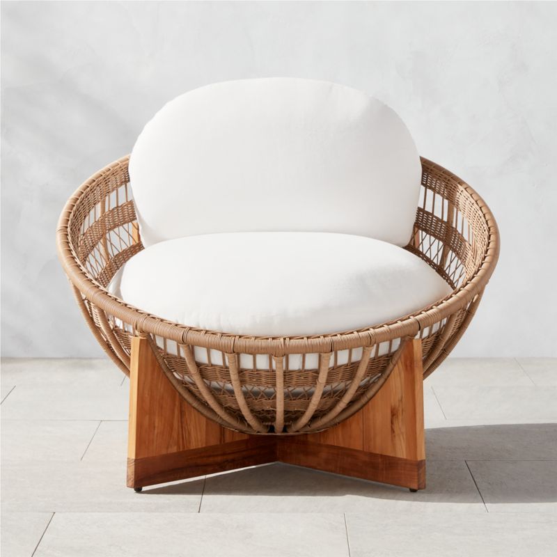 Masha Modern Rattan and Teak Outdoor Lounge Chair with White Sunbrella Cushions | CB2 | CB2
