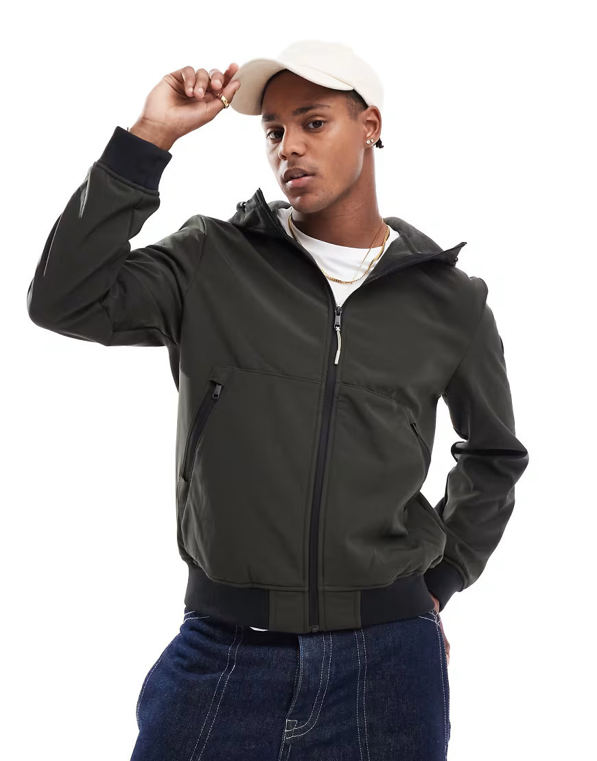 ONLY & SONS zip through soft shell hooded bomber jacket in dark green | ASOS (Global)