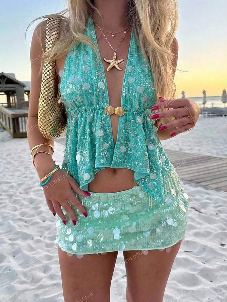 Aloruh Neck Tie Metal Buckle Sequin Decor Backless Sexy Tank Top For Women, Blue & Green, Party/Clubwear | SHEIN