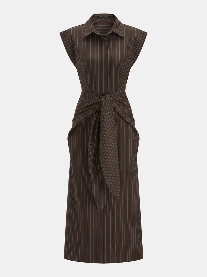 Pinstripe Sleeveless Tie-Waist Shirt Dress | Commense