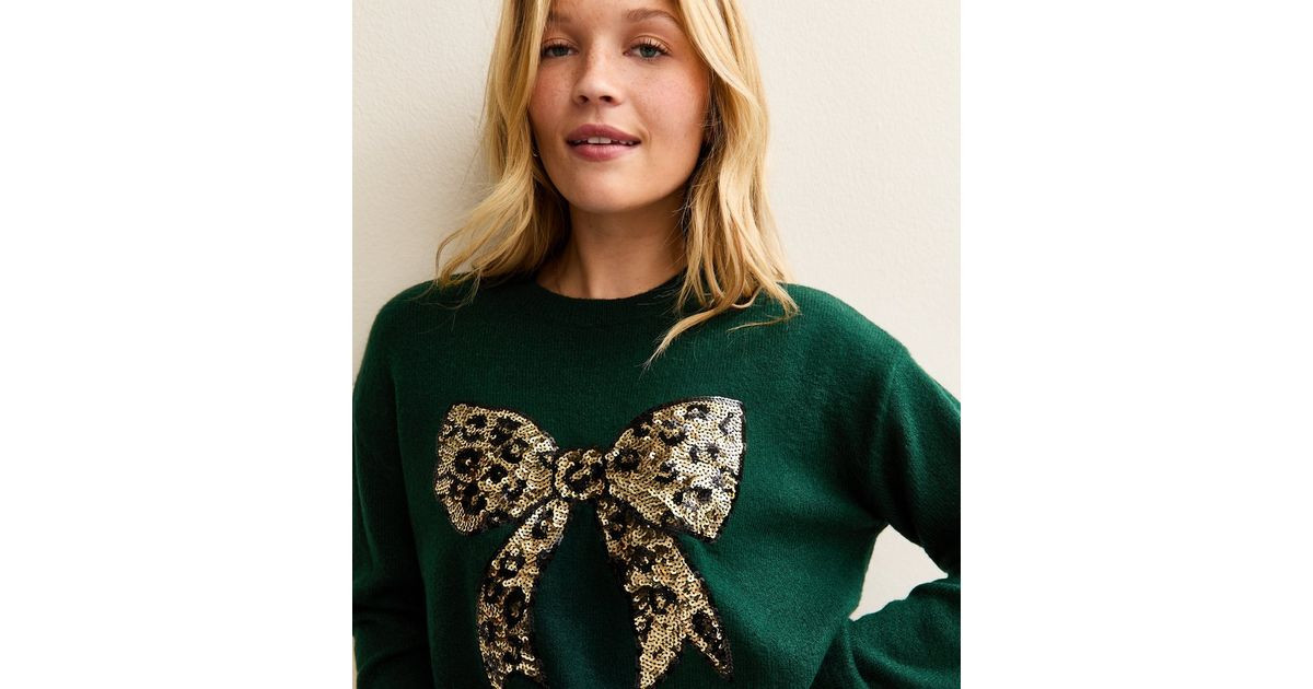 Green Sequin Bow Crew Neck Jumper | New Look | New Look (UK)