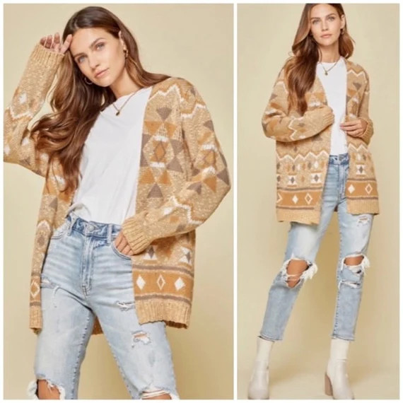 Taupe Gray Boho Aztec Native Open Long Sleeve Cardigan Casual - Etsy | Etsy (US)