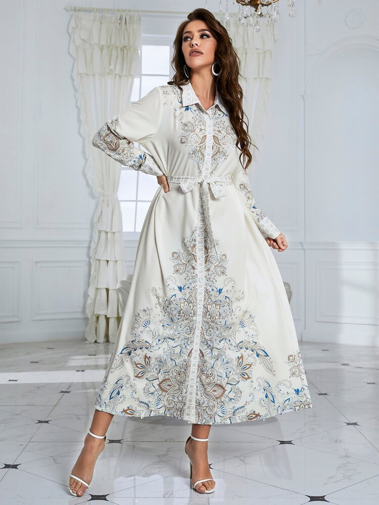 Floral Print Belted Shirt Dress | SHEIN