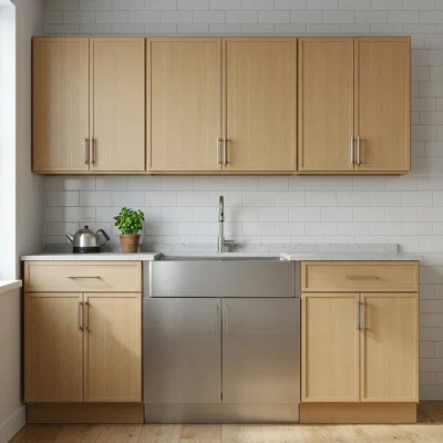 Modern Ash Wood Kitchen Cabinet Set With Two 24" Base Cabinets With Drawers, Two 24" Wall Cabinets & One 36" Wall Cabinet, Designed For 36" Sink Layou | Wayfair North America