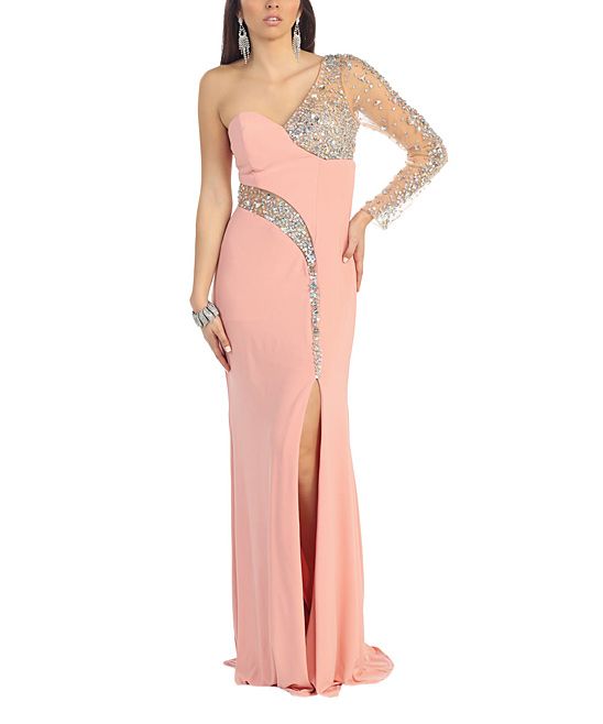 MayQueen Women's Special Occasion Dresses Blush - Blush Rhinestone Cutout Asymmetrical Gown & Shawl  | Zulily