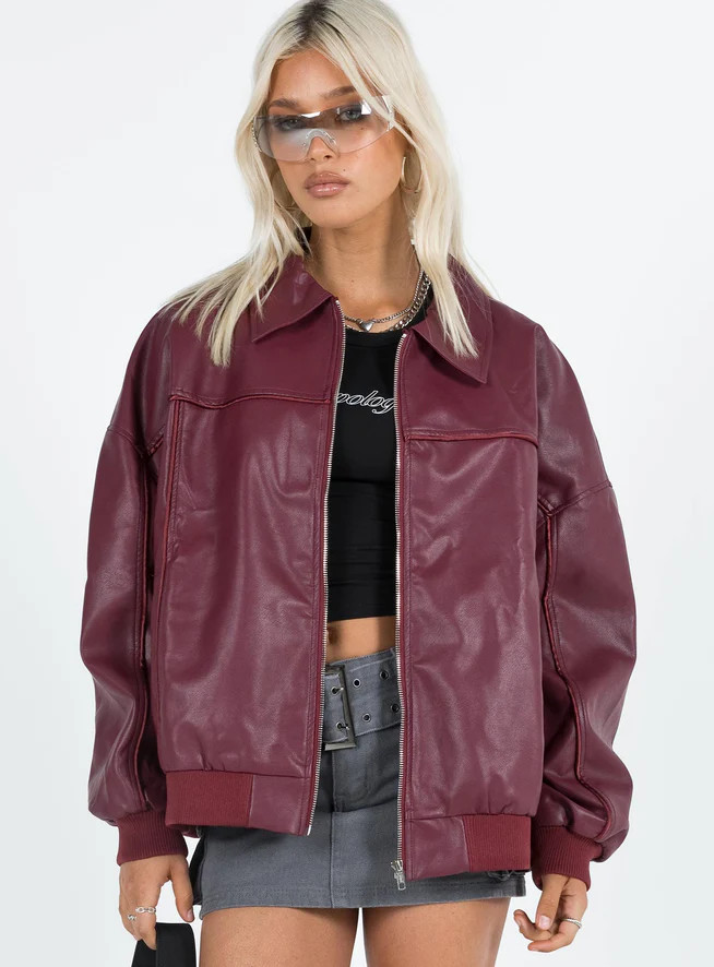 Goldsmith Faux Leather Bomber Jacket Burgundy | Princess Polly US
