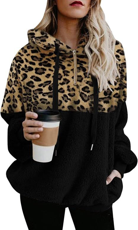 Womens Leopard Sherpa Pullover Hoodie with Pockets Warm Fuzzy Fleece Sweatshirt Fluffy Coat Outwe... | Amazon (US)