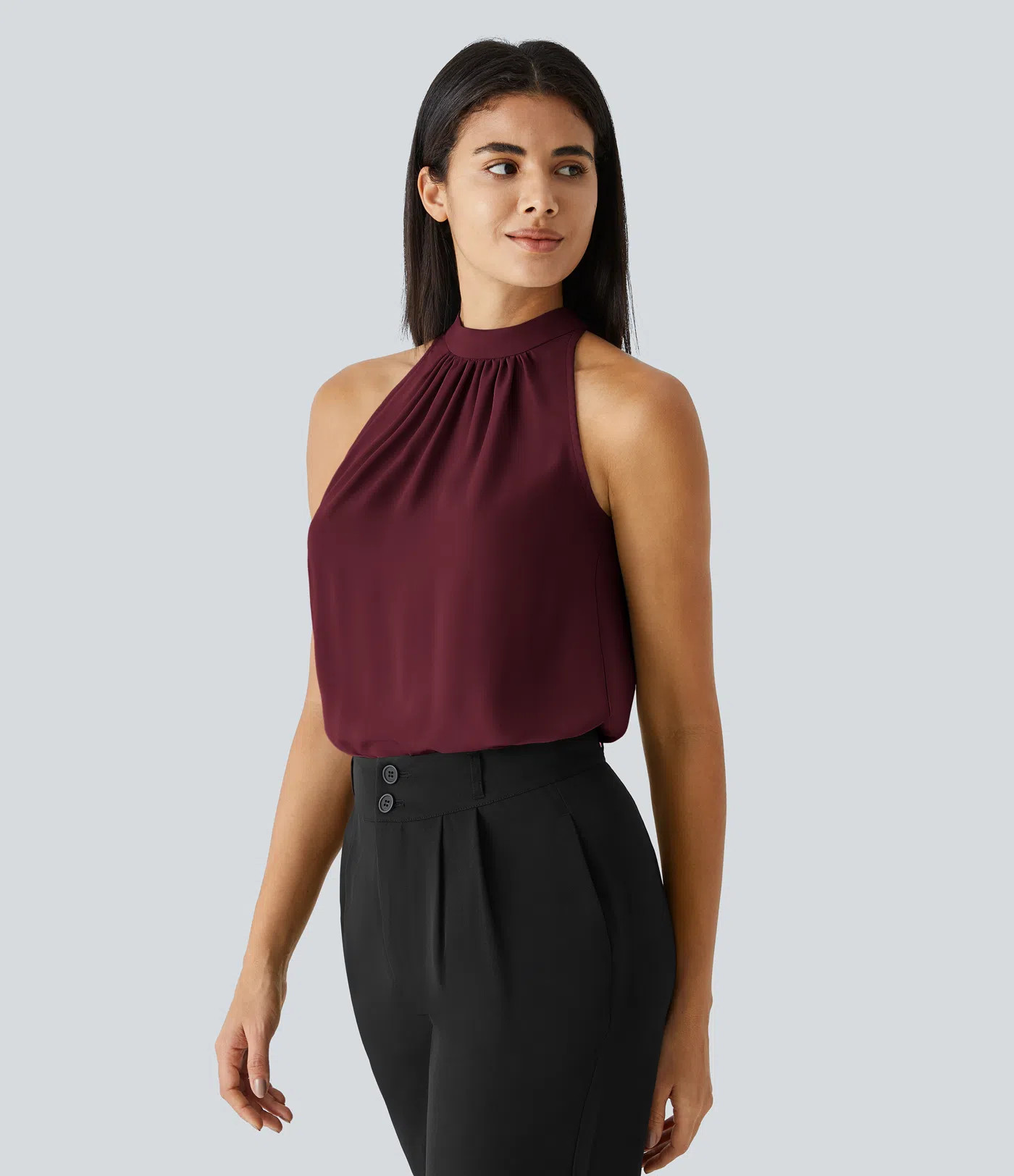 Keyhole Back Halter Sleeveless Curved Hem Work Blouse | HALARA