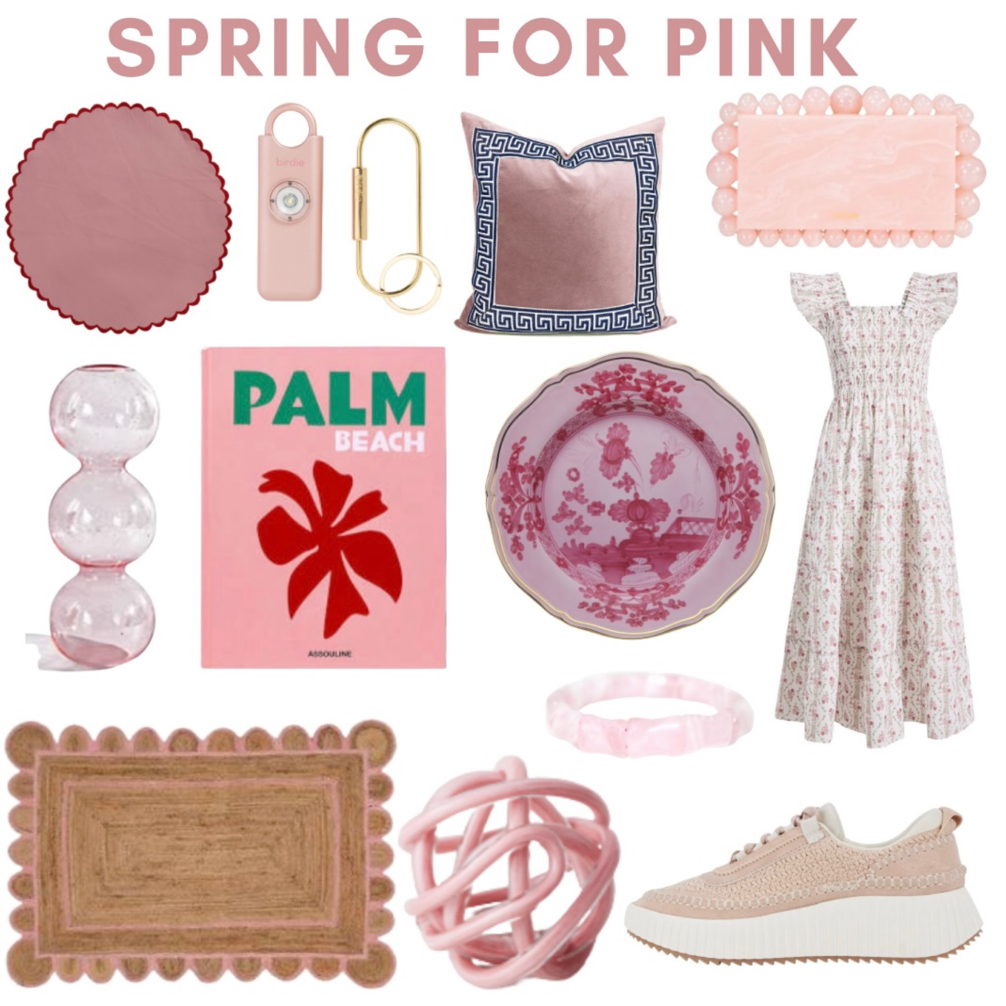 Pink decor // spring decor // scalloped placemat // Greek Key trim pillow // pink clutch // coffee table book // Assouline // bubble vase // pink plate // Hill House Home // smocked dress // bamboo bracelet // Hazen and Co // knit sneakers // Dolce Vita // pink sneakers // glass knot // scalloped jute rug

#LTKshoecrush #LTKSeasonal #LTKhome