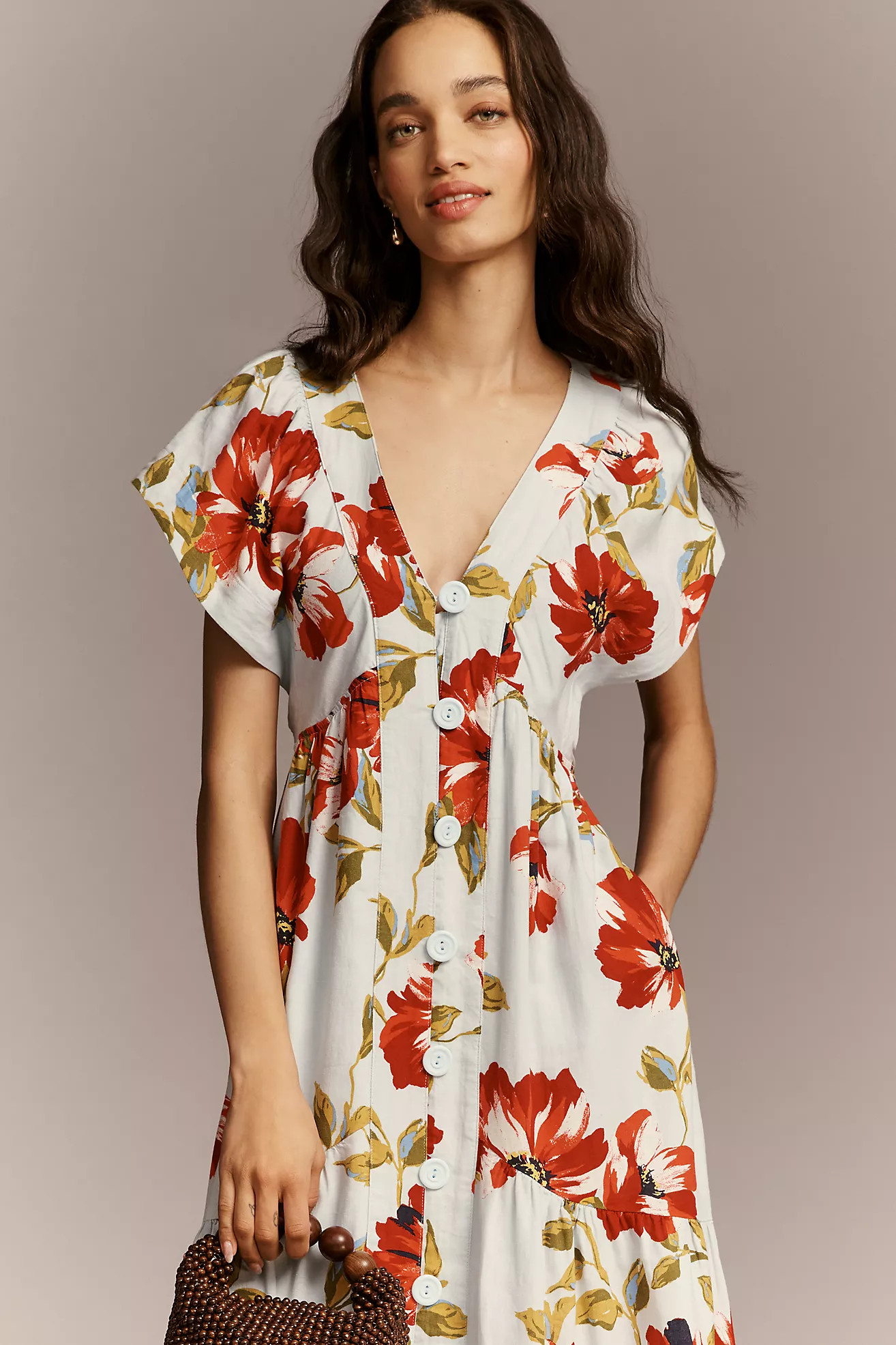 Reneé Flutter-Sleeve Linen Button-Front Midi Dress | Anthropologie (US)
