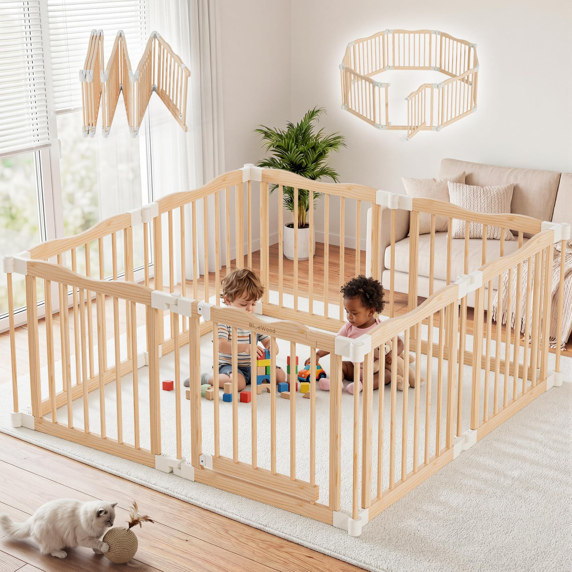 Foldable Wooden Playpen - Adjustable Wood Baby Play Yard with Child-Proof Lock, Indoor Large Safe... | Amazon (US)