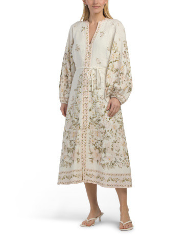Linen Blend Printed Long Sleeve Maxi Dress With Rope Belt | TJ Maxx