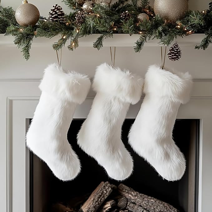AOGU 3 Pack 18 Inch Snowy White Christmas Stockings Faux Fur Xmas Christmas Stockings Hanging Orn... | Amazon (US)