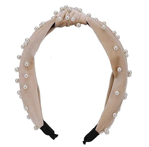 Velvet Top-knot Pearl Embellished Headband (Beige) | Amazon (US)