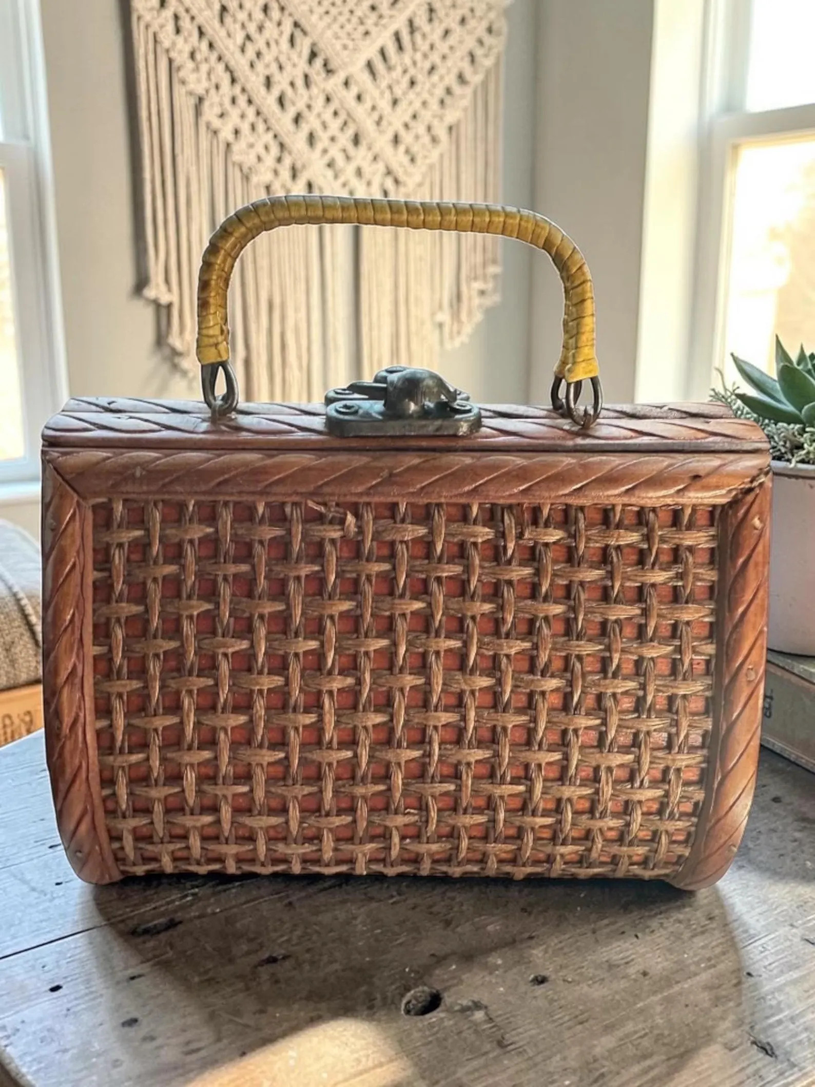 Vintage Woven Wicker Box Purse with Wood Trim and Top Handle | Mid-Century Boho Style Handbag | Etsy (Global)