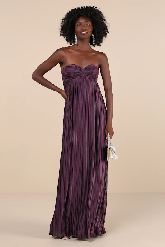 Whimsical Beauty Dark Purple Satin Plisse Strapless Maxi Dress Vacation Dress Maxi Vacation Dress | Lulus