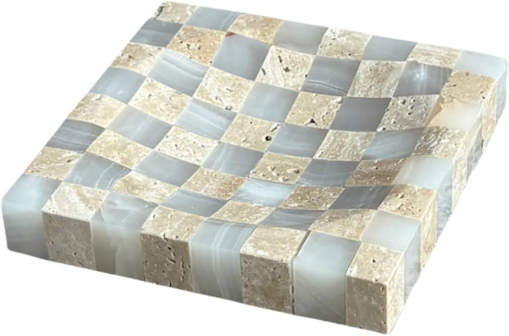 Marble Jade Stone White Onyx with Travertine Checkerboard Square Small Splicing Mosaic Tray Jewel... | Amazon (US)