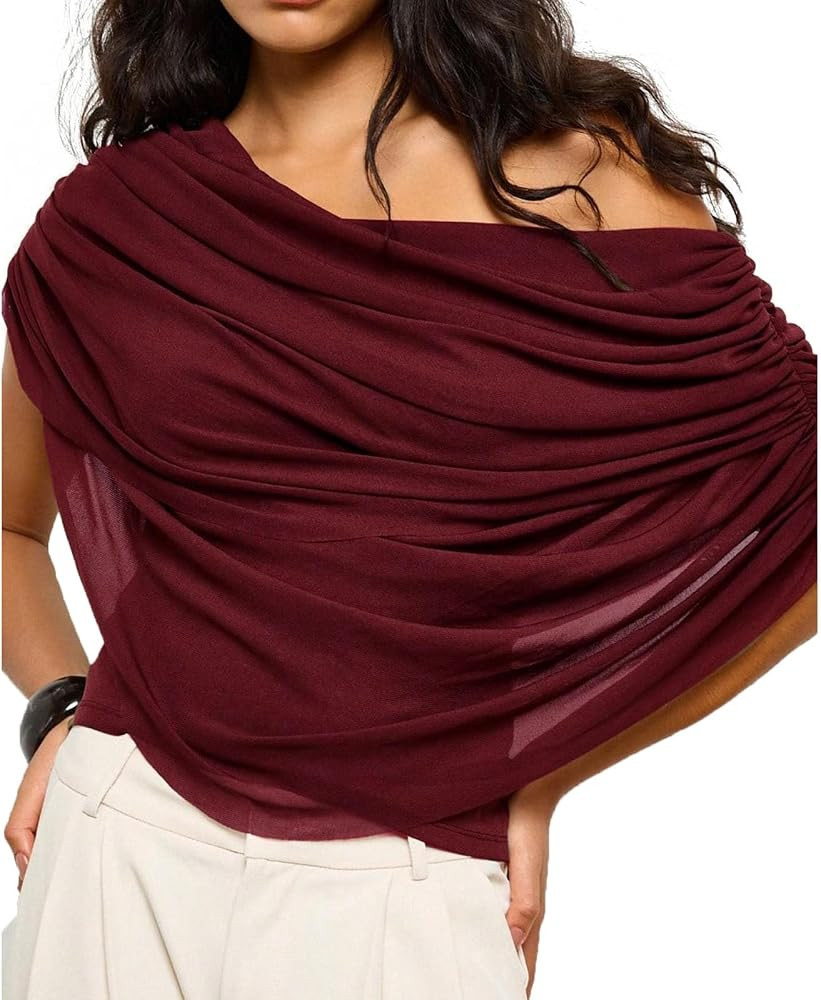 Naileksi Women Y2k Sheer Mesh Off Shoulder Crop Top Sexy Slim Fit Long Sleeve See Through Ruched T-Shirt Fall Streetwear | Amazon (US)